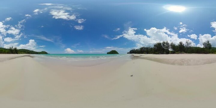 Seascape with tropical sandy beach and blue ocean. Borneo, Malaysia. Kelambu Beach. Monoscopic image.