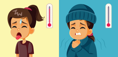 Girl Feeling Hot and Cold in Different Weather and Temperatures. Unhappy child experiencing extreme seasons suffering during winter and summer
