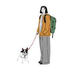 Man with Dog People lifestyle with pet Hand drawn color sketch Illustration