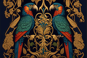 Luxury Macaw art nouveau pattern - Tropical Bird - Ideal for decoration or background - obrazy, fototapety, plakaty