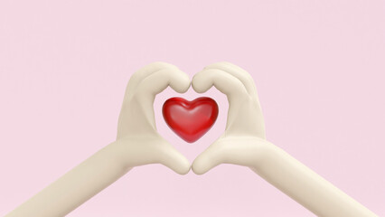 3D Illustration. Cartoon hands love gesture with red heart at center position isolated on pink background. Clipping path.  