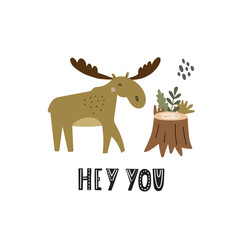 Hand drawn illustration with adorable moose. Cute forest character. Vector lovely elk in flat style isolated on white background. Cartoon woodland creature. Childish colorful illustration