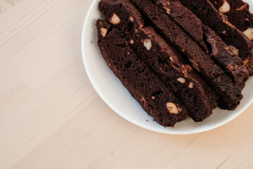 Homemade chocolate biscotti cookies ,Traditional Italian dessert on white plate