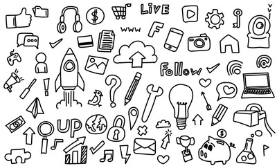 Line art Doodle of objects and symbols on the Social Media technology theme design vector.