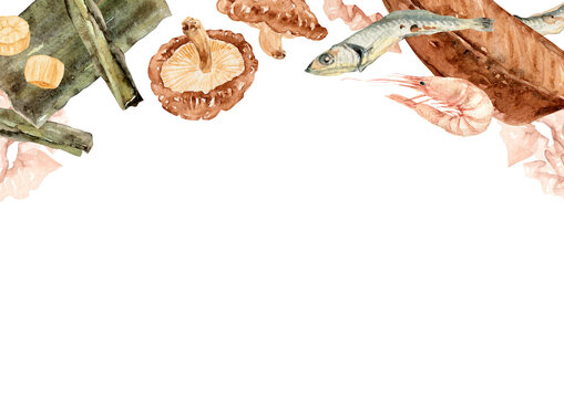 出汁 ダシ 和食　背景 フレーム　水彩 イラスト