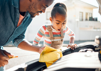 Car problem, father and teaching child to change motor oil, mechanic repair and fix family vehicle outdoor. Black man and daughter or girl learning and bonding while working on engine for transport