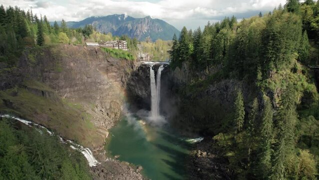 Rainbow in the Mist of Snoqualmie Falls Waterfall Shot by Drone