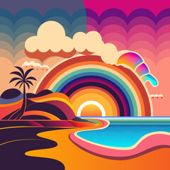 Beach with rainbow and palm tree art. Nature view in psychedelic art vector illustration. Colorful background. Vector eps 10. 
