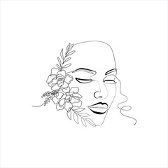 Continuous line drawing of Beautiful Woman's face with flowers. Nature cosmetics. The Concept of Skin Beauty Care for young female models. Bouquet of flowers in one line artwork of woman's head.