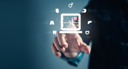 Man hand touch on virtual medical health care icons on network technology