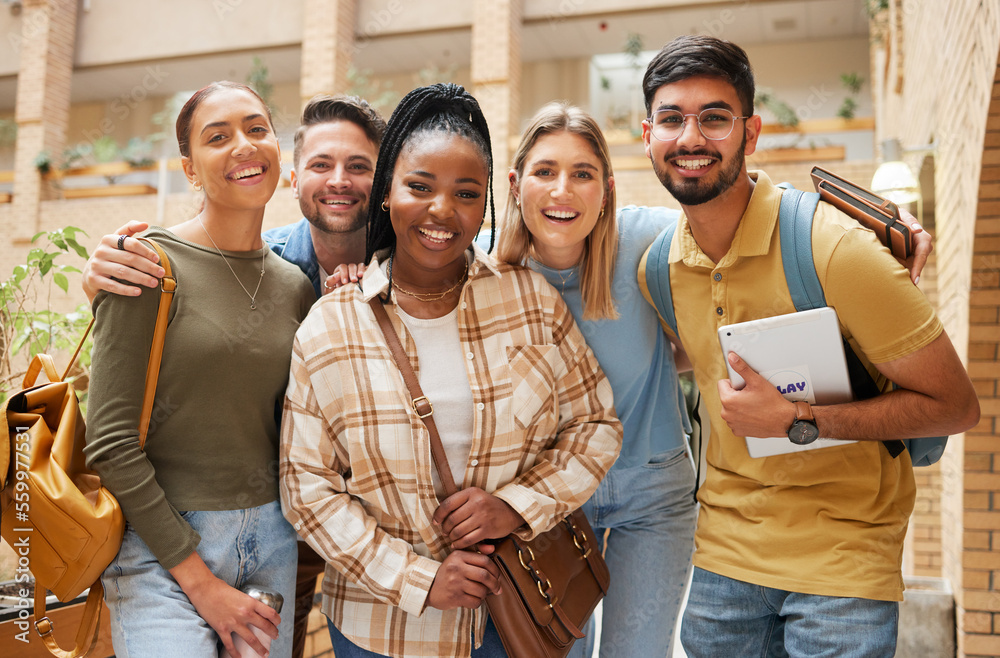 Canvas Prints Portrait, university students and group of friends getting ready for learning. Scholarship, education or happy people standing together at school, campus or college bonding and preparing for studying