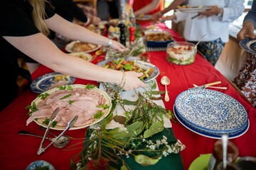 Australian christmas dinner buffet in summer time with the whole family