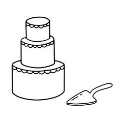 Cute hand drawn cake and spatula isolated on white background. Doodle sketch vector illustration.