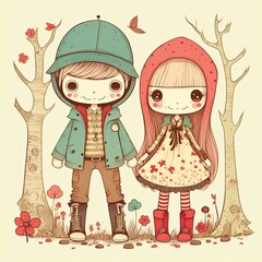 illustration of cute cartoon character design, couple in love idea for romantic Valentine's day theme