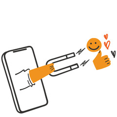 Obraz premium hand drawn doodle hand holding magnet on mobile symbol for customer attraction illustration vector