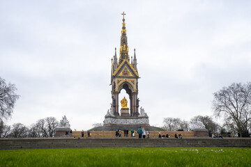 The Albert Memorial and statues in Kensington Garden during winter cloudy day in London , United Kingdom : 12 March 2018