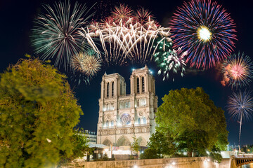 Fireworks display near Notre Dame cathedral in Paris. France