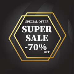 Special offer Super Sale 70% off sign with gold polygon on black background illustration