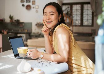 Asian woman, laptop and portrait for business happiness with coffee in ceramics workshop, artist...