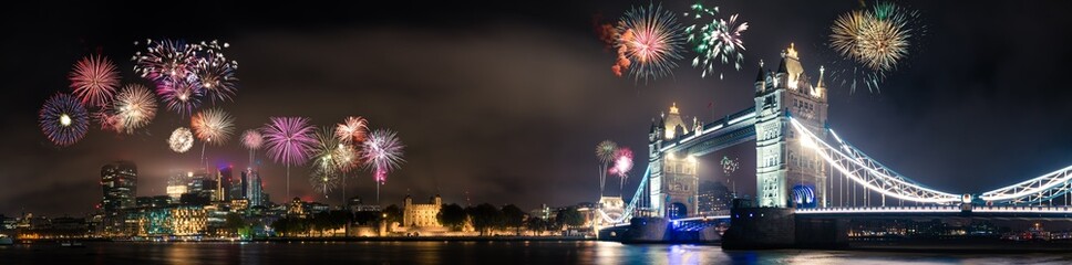 Tower Bridge and fireworks in London, UK