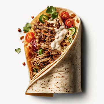 Burrito Wrap Or Shawarma With Chicken And Vegetables Isolated On White Background. Tortilla Wrap. Doner Kebab. Top View