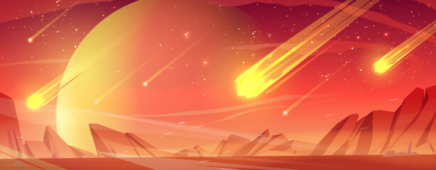 Asteroids with burning trails falling on alien orange planet. Cartoon vector illustration of cosmic desert landscape in outer space, rocky meteors in flame falling down. Apocalypse game background © klyaksun