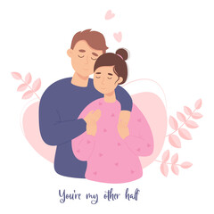 Happy couple in love. Romantic valentine card Youre my other half. Vector illustration in flat style of loving young couple for valentines day, wedding and birthday design