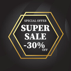 Special offer Super Sale 30% off sign with gold polygon on black background illustration