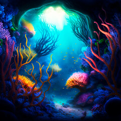 Fototapeta na wymiar Undewater world landscape, reef, sea bottom with corals and seaweeds colorful bright tropical wildlife, ocea seafloor Illustration, background