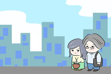 寄り添う夫婦　微笑み合う夫婦　パートナー　イラスト　結婚記念日　熟年 旅行