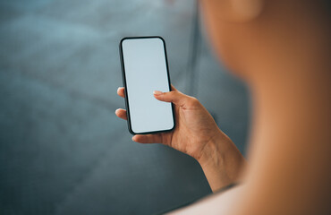 Woman hands, phone and blank screen for advertising, marketing brand mockup and website communication. Smartphone, green screen and social network, online internet or digital tech social media app