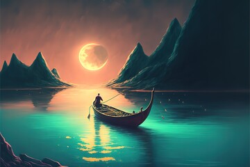 a boatman sails under the moon, an atmospheric fairy-tale painting illustration