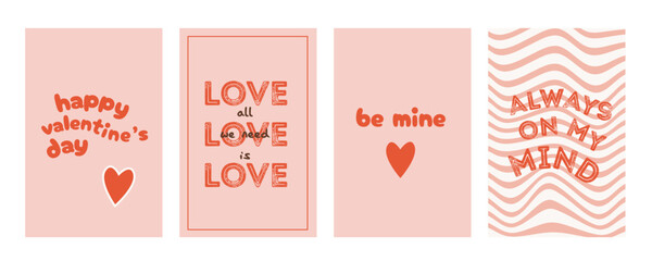 Valentines day greeting card with romantic funny text. Contemporary minimalist love posters. Set of simple background in trendy retro 60s 70s style. Wall art social media template. Vector illustration