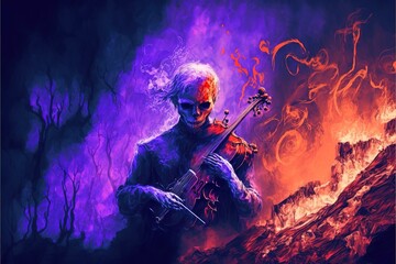 Obraz na płótnie Canvas The violinist plays music in the form of colored smoke