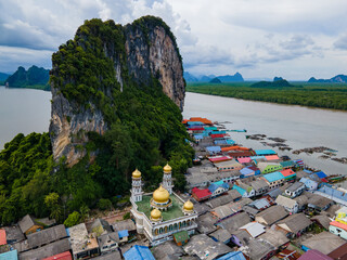 Aerial view over the floating fishing village at Ko Panyi (or Koh Panyee) one of famous travel...