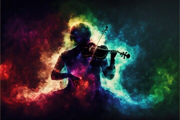 Fototapeta na wymiar The violinist plays music in the form of colored smoke