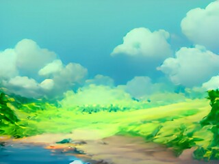 Obraz na płótnie Canvas landscape with river 2d Anime background 
