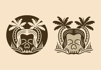 Illustration design of a skull with long hair and two coconut trees