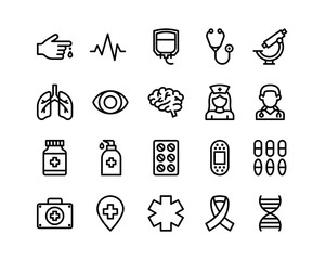 Medical vector icon set. Line icons, signs and symbols in flat linear design Medicine and healthcare with elements for mobile concepts and web apps. 