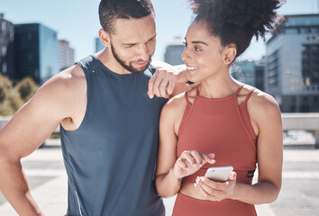 Fitness, city and black couple with phone for workout, running exercise and marathon training....