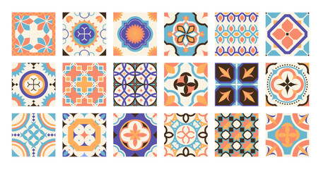 Lisbon tile pattern. Traditional portuguese spanish moroccan mosaic ceramic, decorative ornate square azulejos mediterranean motif. Vector set of spanish and portuguese pattern illustration