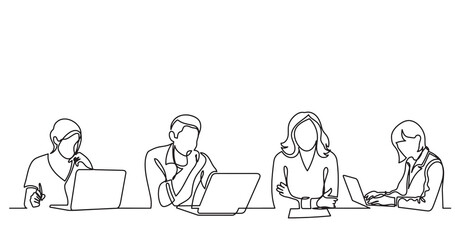 continuous line drawing of office workers team having discussion at business meeting - PNG image with transparent background
