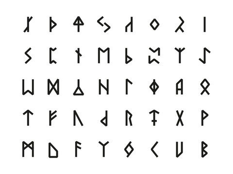 Runic hieroglyphics. Ancient nordic celtic alphabet with carved runes, old scandinavian sacred script letters germanic futhark culture signs. Vector collection of alphabet nordic illustration