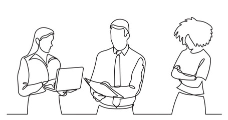 continuous line drawing of standing business people talking -  PNG image with transparent background