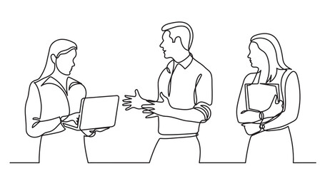 continuous line drawing of standing business people talking -  PNG image with transparent background