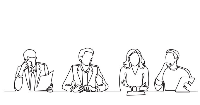 continuous line drawing of office workers team having discussion at business meeting - PNG image with transparent background