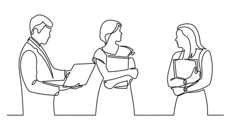 continuous line drawing of standing business people talking -  PNG image with transparent background