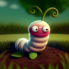 Cartoon worm character, cute caterpillar or compost worm 3d personage, funny smiling earthworm, larva or grub insect in garden or forest defocused background. vector illustration pest crawl