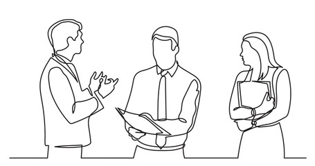 continuous line drawing of standing business people talking -  PNG image with transparent background