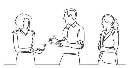 continuous line drawing of standing business people talking -  PNG image with transparent background